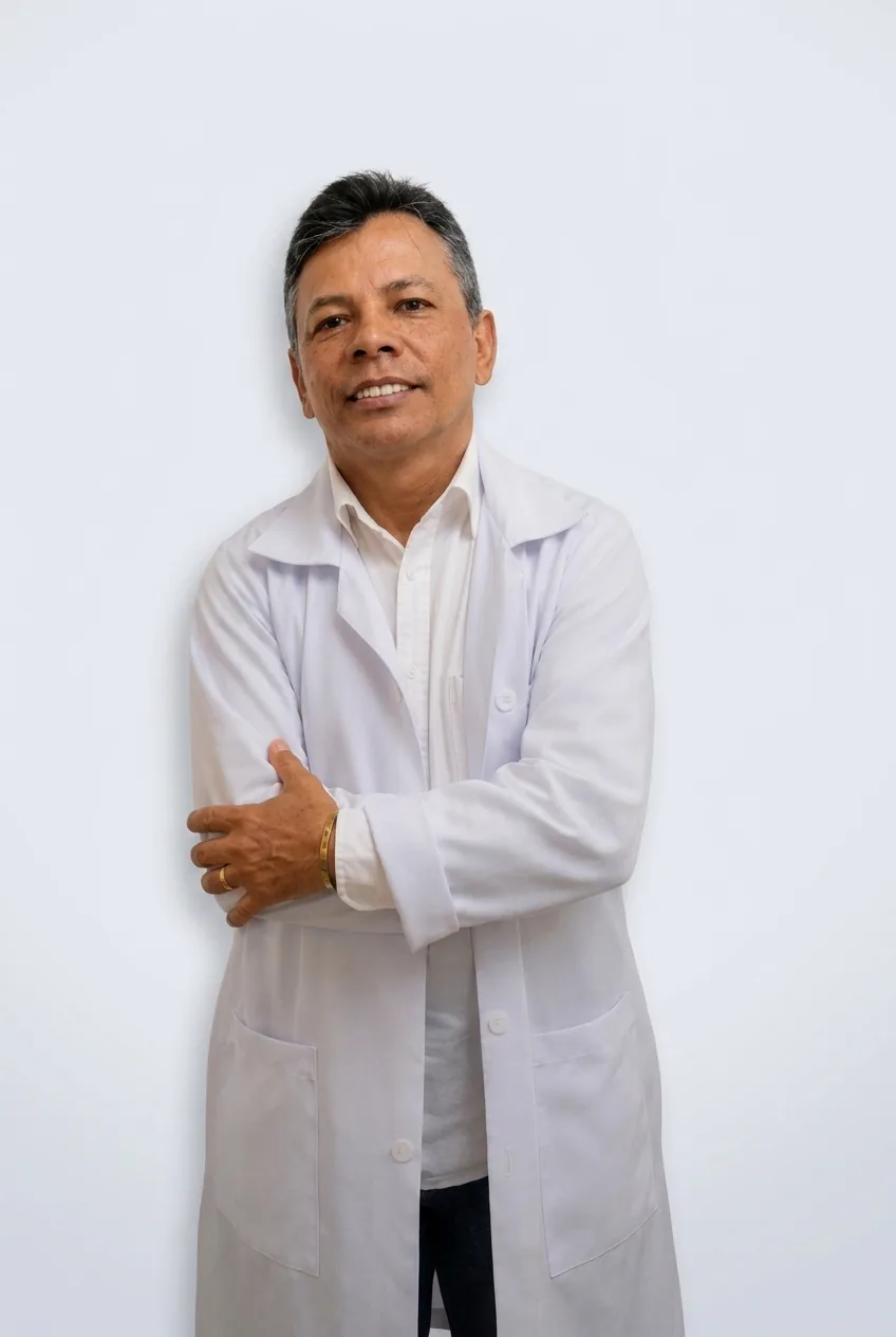 Dr. Edivaldo Oliveira Lisboa, de jaleco branco, com os braços cruzados, sorrindo